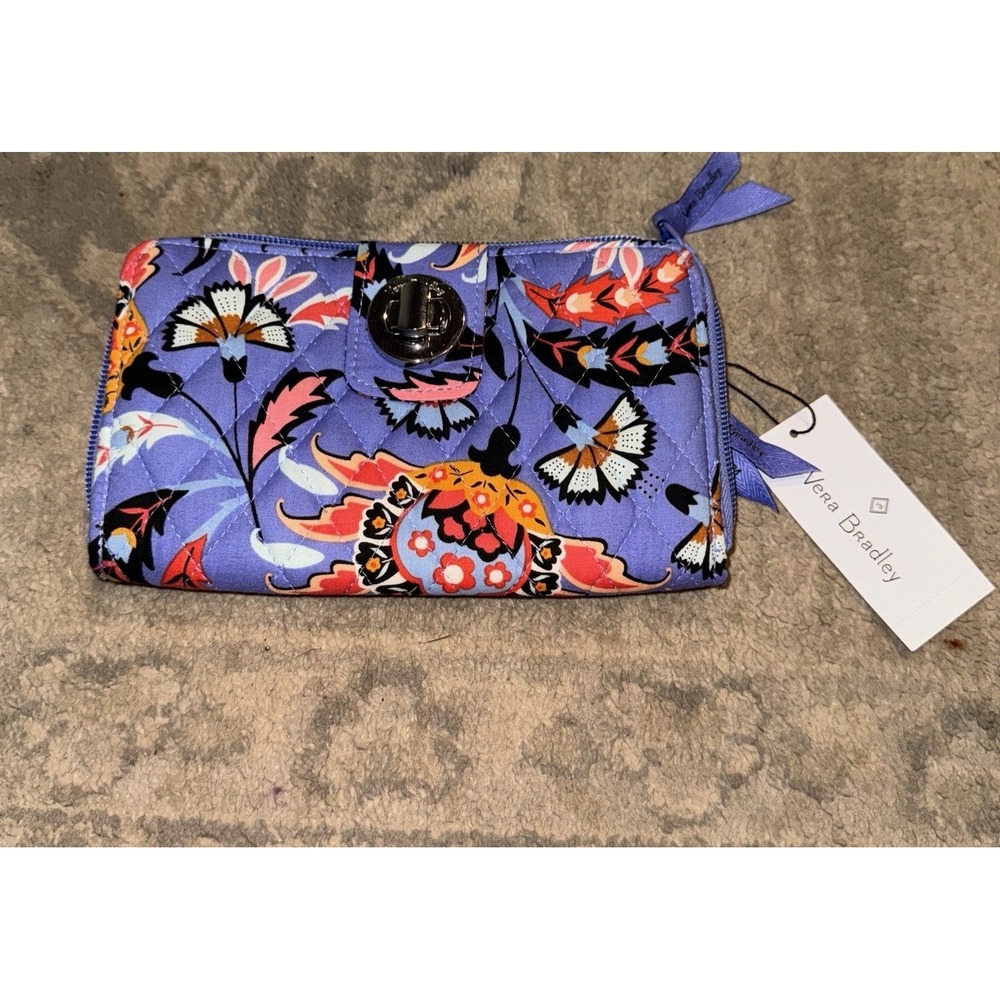 NWT Vera Bradley Iconic RFID Turnlock Wallet Mural Garden Purple Floral Womens